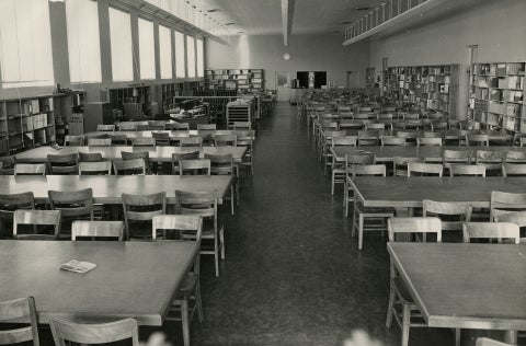 Photograph of two rows of desks