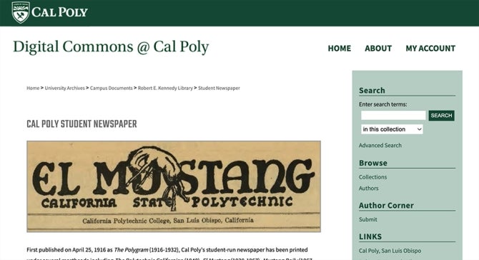 Screenshot of El Mustang newspaper on Digital Commons @ Cal Poly