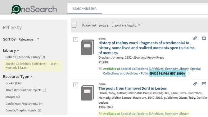 Screenshot of OneSearch library catalog with search results