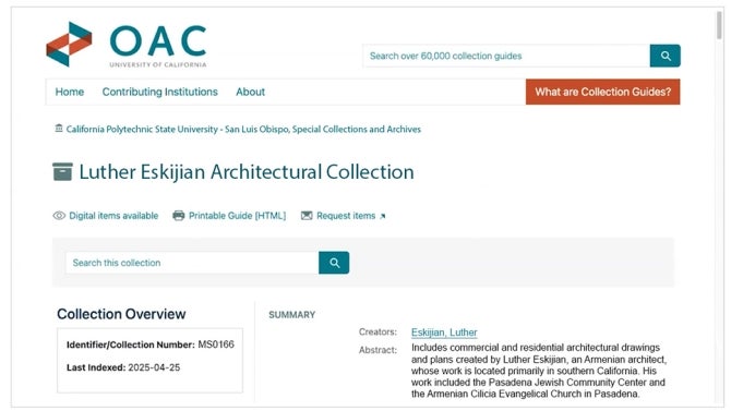 Screenshot of Online Archive of California Interface