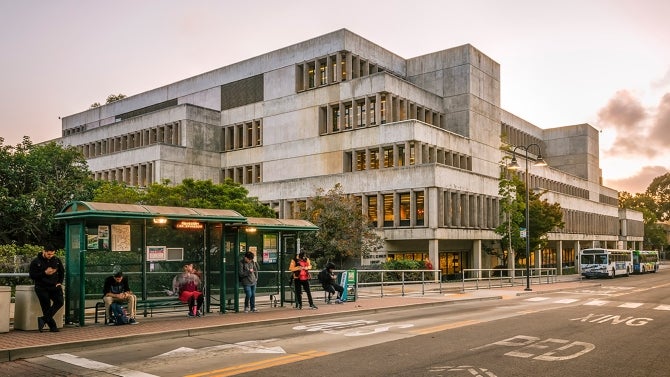 Bus stop in front of library