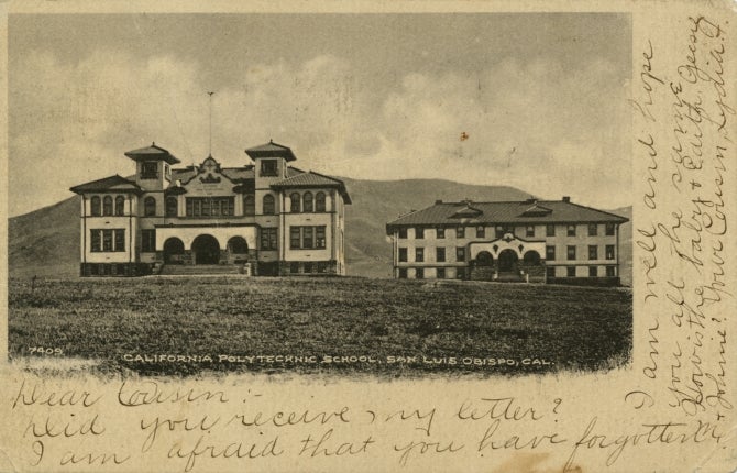 Post card with the first Cal Poly library