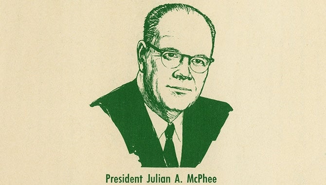 Illustration of Cal Poly President Julian McPhee from a 1965 Homecoming announcement